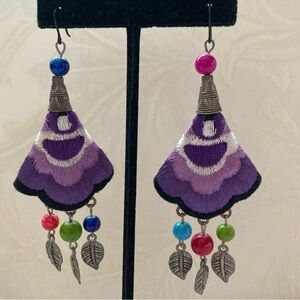 Embroidered bohemian tribal ethnic Hmong chandelier floral leaf earrings beads